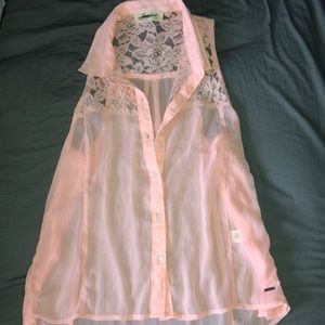 Sleeveless sheer baby pink button up